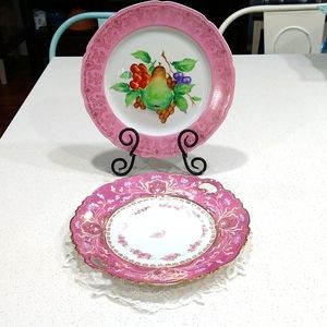 (2) porcelain hand painted fruit plate with gold border & plate w/roses & gold